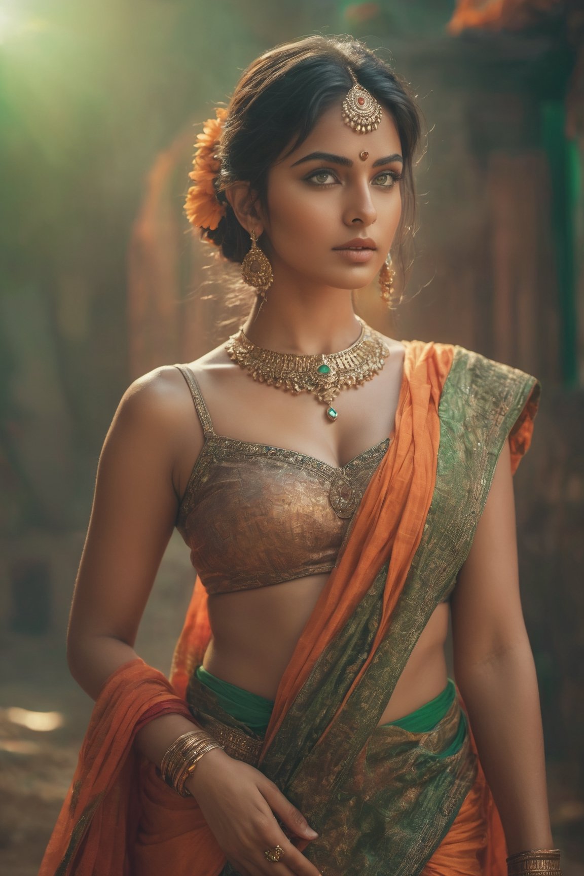 a mid-body shot of a fair indian girl, priestess, shot upto waist, with green eyes, a warrior goddess, a princess portrait, a goddess, showing huge cleavage, boobs, belly button, wearing a orange saree, dynamic pose, psychedelic colour background, colourful digital fantasy art, soft film grading, cinematic, 8k highly detailed digital art, beautiful digital artwork, photo real, depth of filed, (high detailed skin:1.2), realistic eyes, 8k UHD,  DSLR,  soft lighting,  high quality,aesthetic portrait, front facing , blur background 