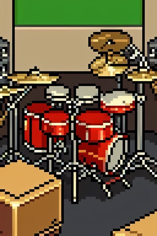 A drum kit with a green screen in the background, pixel art , pixelpainful, PixelartFSS,Pixel world