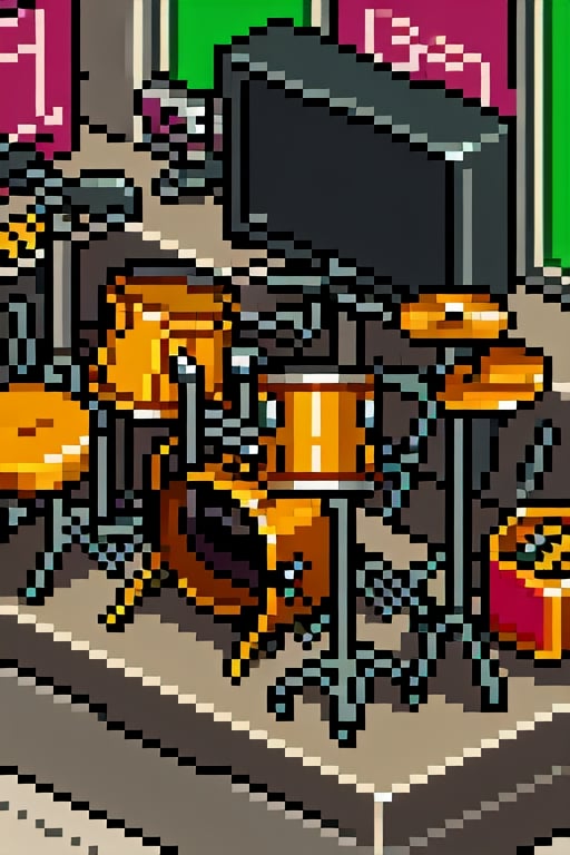 A drum kit with a green screen in the background, pixel art , pixelpainful, PixelartFSS,Pixel world