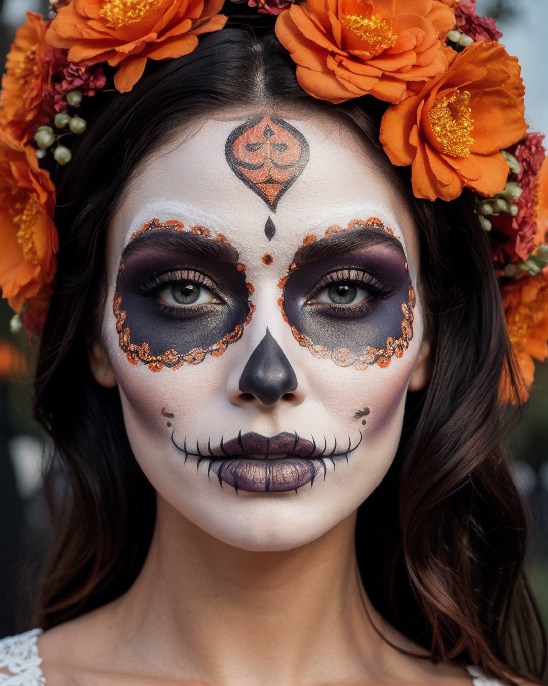 Best quality,8k,32k,Masterpiece, (UHD::1.2),full body potrait of a woman with Catrina makeup,dia de los muertos,white make up,orange,black makeup,emulating a skull with the make up,orange flowers as ornament in hair,many orange flowers,wearing a gown,and attractive features,eyes,eyelid,focus,depth of field,film grain,ray tracing,contrast lipstick,slim model,detailed natural real skin texture,visible skin pores,anatomically correct,night,cemetary background,Catrina