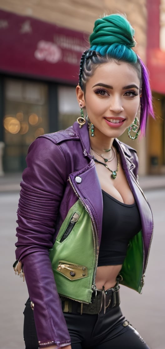 1 Mexican woman in her 20s with bold braided purple and green hair and leather jacket, full body, sexy, powerful, gorgeous eyeshadow, gorgeous makeup, grey eyes, colorful leather jacket, colorful pants, straight long pigtails, beautiful laughter, bursting laughter, epic details 8k, ultra high definition, gold neckless, Canon EOS 5D, 