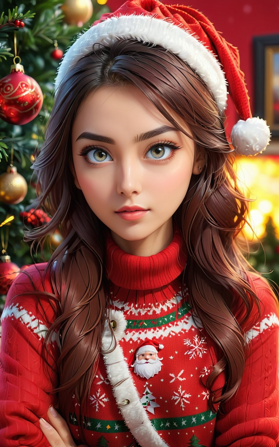 Very detailed illustration of attractive woman with beautiful detailed eyes in red sweater looking at camera against very beautiful christmas tree background, rocker style, art of sunset, MSchiffer,GdClth,ayaka_genshin,santa_dress