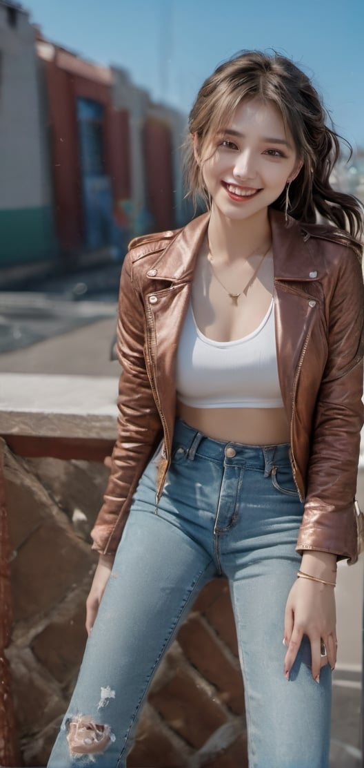 1 woman, full body, sexy, powerfulGorgeous eyeshadow, gorgeous eyemake, 23 years old, gray eyes, gorgeous leather jacket, colorful pants, straight long pigtails, beautiful laughter, bursting laughter, epic details 8k, ultra high definition, gold neckless, Canon EOS 5D,  ...