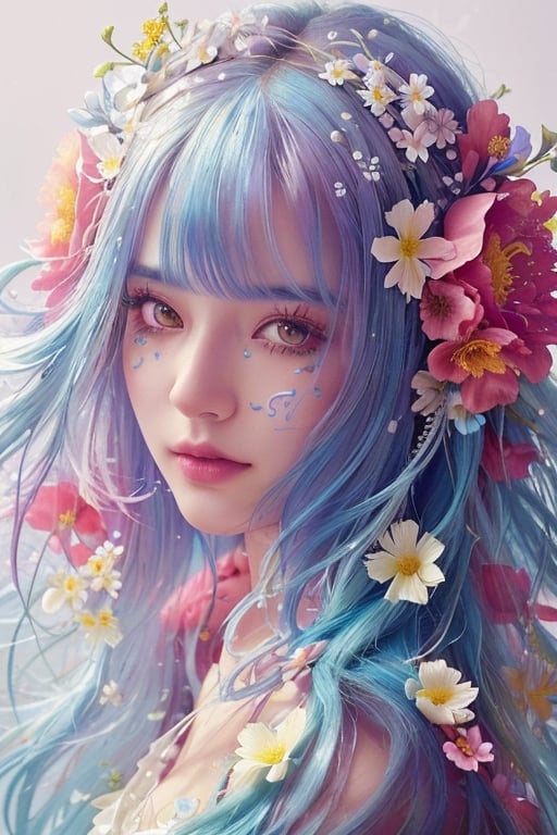 Intricate image of a cute floral girl with flowy flowe-like blue hair, work of beauty and complexity, hyperdetailed facial features, 8k UHD, close-up, alberto seveso style ,EpicArt