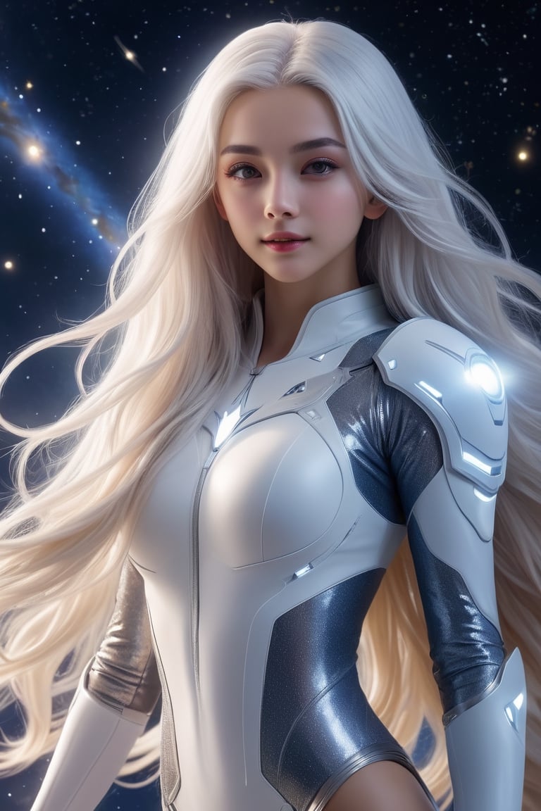 Beautiful daughter of the universe ((flight)), her sparkling eyes, completely white long hair, cinema 4K, cinematic, subtle, magical, universe, full body, high resolution, flying, sad face, no clothes, dynamic flight pose, covered with stars, fantasy spacesuit 