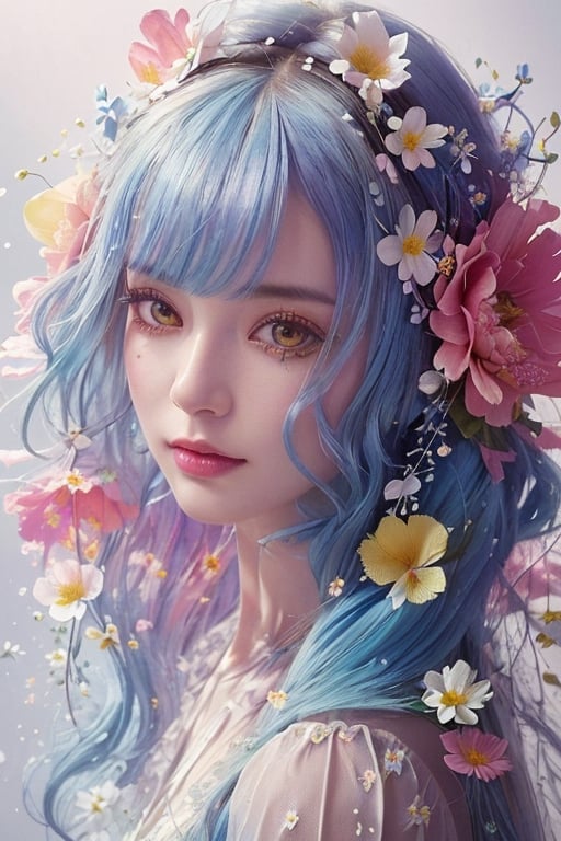 Intricate image of a cute floral girl with flowy flowe-like blue hair, work of beauty and complexity, hyperdetailed facial features, 8k UHD, close-up, alberto seveso style ,EpicArt