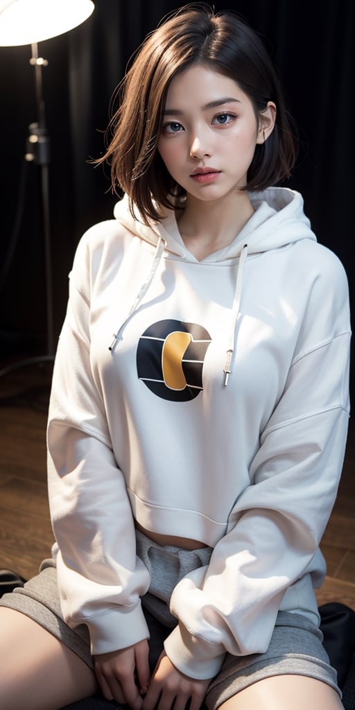 Realistic, girl photo, short hair style, hoodie, sweatpants, studio lighting,