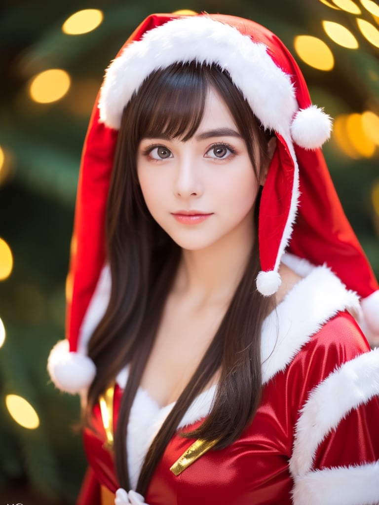 ((female 1, 6 years old, red Christmas costume)), ((portrait)), petite woman, full body, child's body, beautiful and shiny body, bangs, ((dark brown hair: 1.3)), high eyes, (turquoise eyes ), small stature, big eyes, beautiful girl with delicate details, beautiful and delicate eyes, delicate face, beautiful eyes, natural light, ((realism: 1.2 )), dynamic long distance shooting, cinematic lighting, perfect composition, by sumic.mic , highly detailed, official art, masterpiece, (highest quality:1.3), reflection, highly detailed cg unity 8k wallpaper,christmas tree, detailed background, masterpiece, highest quality, (masterpiece), (highest quality:1.4), (ultra high resolution :1.2) , (Hyperrealistic:1.4), (Realistic:1.2), Best Quality, High Quality, High Resolution, Enhanced Detail, ((Very Short Hair:1.4)),
((tareme,moving eyes,big eyes,drooping eyes:1.2)),((random expression)),,random angle,((Santa costume:1.4)),((thick eyebrows:1.1)),perfect,( (cartoon-like visuals)),((Christmas decorations)),perfect light,white fur,facial_mark, neon palette, shaped_highlights, ((bokeh background, blurry background)), night time, night sky, (city lights), Horizontal angle, view away, perfect anatomy, colorful hairpins, many hairpins, Christmas theme