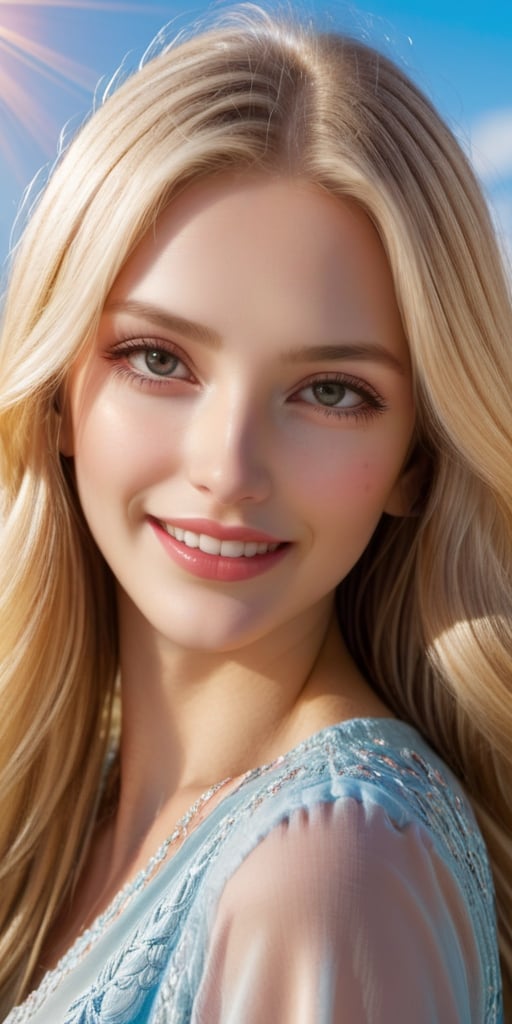 A cute woman with long, flowing blonde hair, grey eyes, glossy lips - her expression is one of joyful contentment as she gazes warmly into the camera, sun is shining, happy,more detail XL,FilmGirl