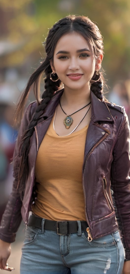 1 Mexican woman in her 20s with thick braids and leather jacket, full body, sexy, powerful, gorgeous eyeshadow, gorgeous eyemake, grey eyes, colorful leather jacket, colorful pants, straight long pigtails, beautiful laughter, bursting laughter, epic details 8k, ultra high definition, gold neckless, Canon EOS 5D, ,make_3d