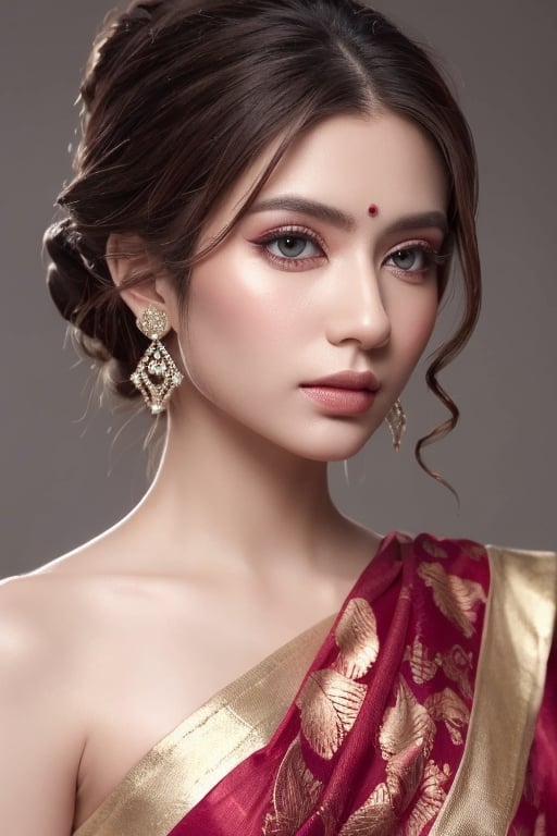 perfect pink eyes, fantastic face, Indian, beautiful look, detailed elegant printed red saree, updo elegant hair, blurred gray tones background, ultra focus, face ilumined, face detailed, 8k resolution, painted, dry brush, brush strokes, razumov style and garmash style, by Tokaito