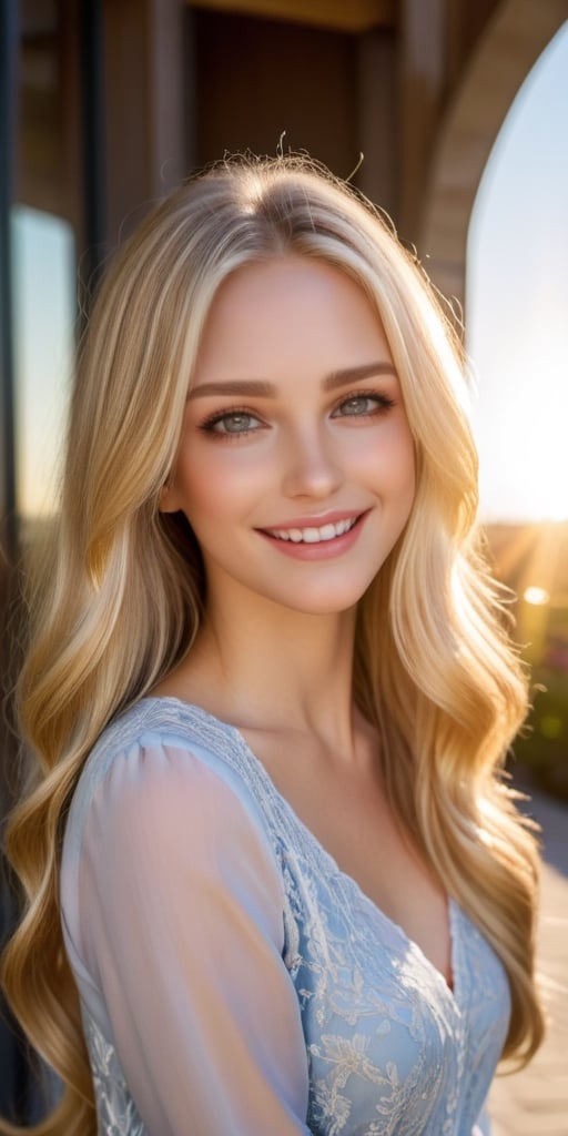 A cute woman with long, flowing blonde hair, grey eyes, glossy lips - her expression is one of joyful contentment as she gazes warmly into the camera, sun is shining, happy,more detail XL,FilmGirl