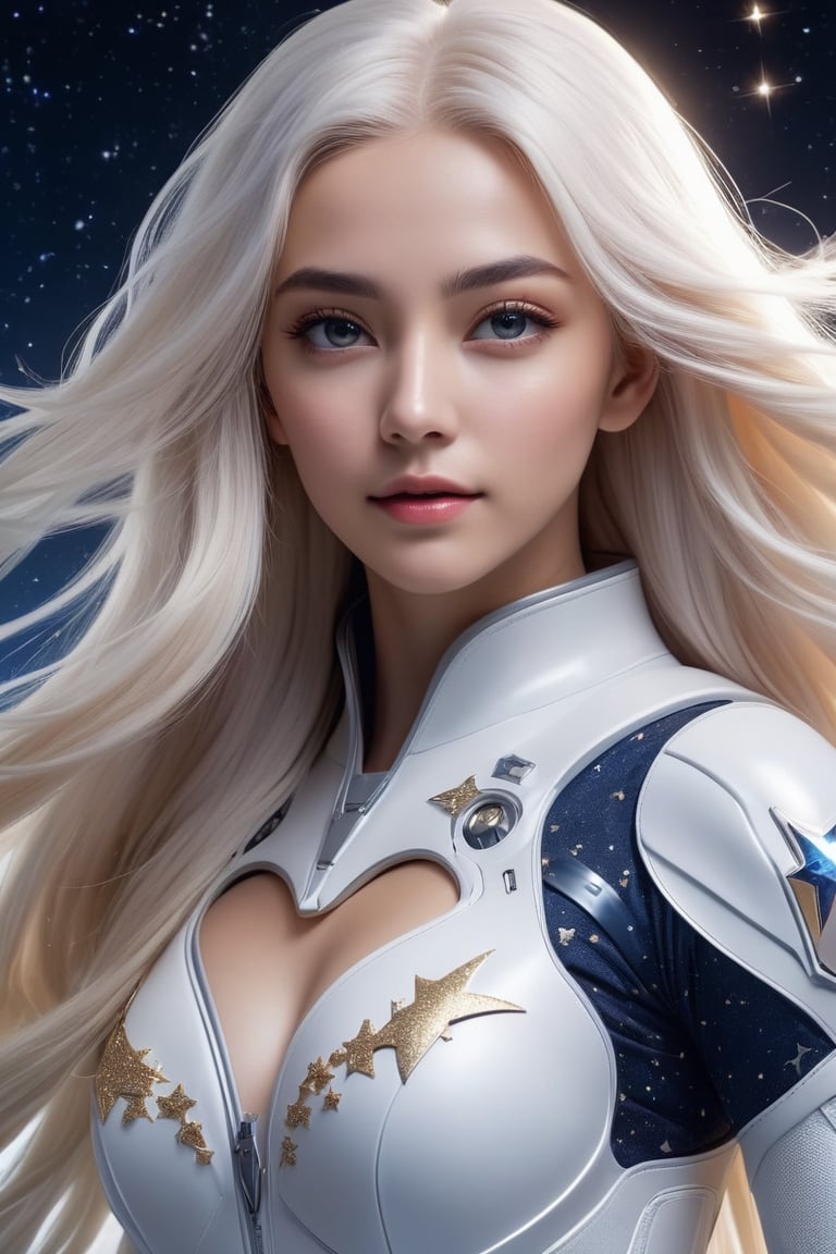 Beautiful daughter of the universe ((flight)), her sparkling eyes, completely white long hair, cinema 4K, cinematic, subtle, magical, universe, full body, high resolution, flying, sad face, no clothes, dynamic flight pose, covered with stars, fantasy spacesuit 