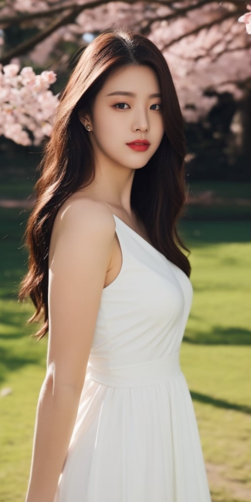 Ultra-high definition, studio lighting, cherry blossoms blowing like rain, grass, a beautiful woman with long hair. White dress, beautiful body line, better hands