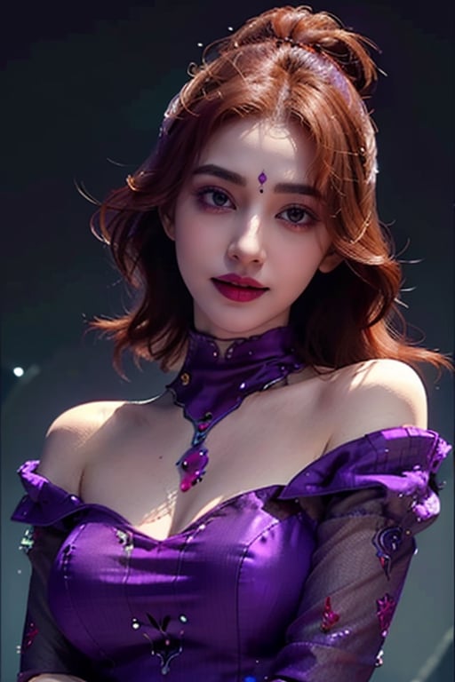 Very detailed illustration of a very beautiful woman with , long red hair with a tight purple sequined dress, bold glamour makeup, bold makeup, turtleneck, fringe with an evil gaze with a smile, realistic, ultra-fine expression, (cell shade: 1.5) (cell shade: 1.5) ((purple dress:1.3)),Makeup,Indian