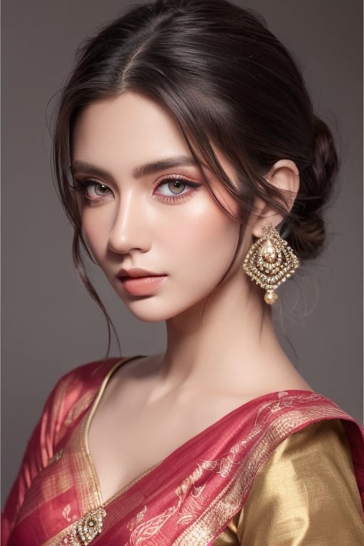 perfect pink eyes, fantastic face, Indian, beautiful look, detailed elegant printed red saree, updo elegant hair, blurred gray tones background, ultra focus, face ilumined, face detailed, 8k resolution, painted, dry brush, brush strokes, razumov style and garmash style, by Tokaito