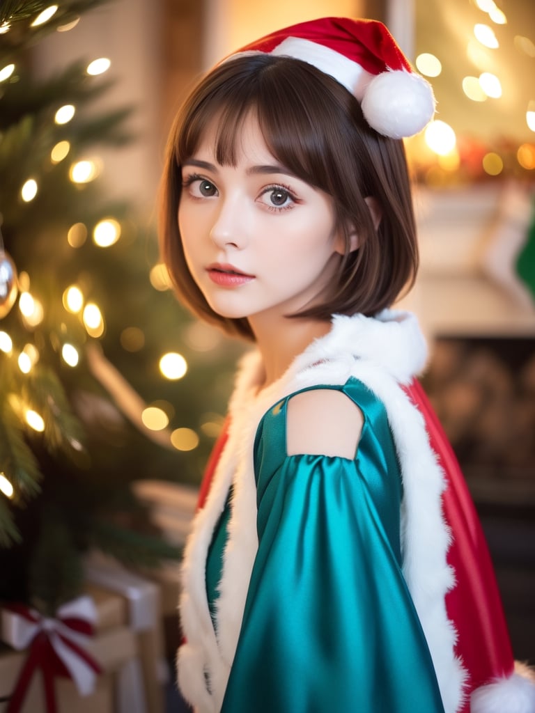 ((Girl 1, 6 years old, Christmas elf)), ((character)), Lori, petite woman, full body, child's body, beautiful and shiny body, bangs, ((dark brown hair: 1.3)), high eyes, (turquoise eyes ), small stature, big eyes, beautiful girl with delicate details, beautiful and delicate eyes, delicate face, beautiful eyes, natural light, ((realism: 1.2 )), dynamic long distance shooting, cinematic lighting, perfect composition, by sumic.mic , highly detailed, official art, masterpiece, (highest quality:1.3), reflection, highly detailed cg unity 8k wallpaper,christmas tree, detailed background, masterpiece, highest quality, (masterpiece), (highest quality:1.4), (ultra high resolution :1.2) , (Hyperrealistic:1.4), (Realistic:1.2), Best Quality, High Quality, High Resolution, Enhanced Detail, ((Very Short Hair:1.4)),
((tareme,moving eyes,big eyes,drooping eyes:1.2)),((random expression)),,random angle,((Santa costume:1.4)),((thick eyebrows:1.1)),perfect,( (cartoon-like visuals)),((Christmas decorations)),perfect light,white fur,facial_mark, neon palette, shaped_highlights, ((bokeh background, blurry background)), night time, night sky, (city lights), Horizontal angle, view away, perfect anatomy, colorful hairpins, many hairpins, Christmas theme