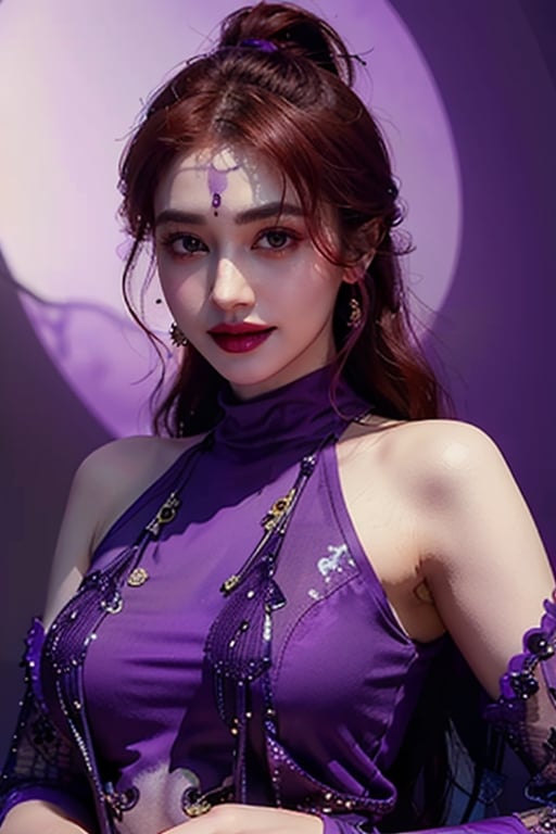 Very detailed illustration of a very beautiful woman with , long red hair with a tight purple sequined dress, bold glamour makeup, bold makeup, turtleneck, fringe with an evil gaze with a smile, realistic, ultra-fine expression, (cell shade: 1.5) (cell shade: 1.5) ((purple dress:1.3)),Makeup,Indian