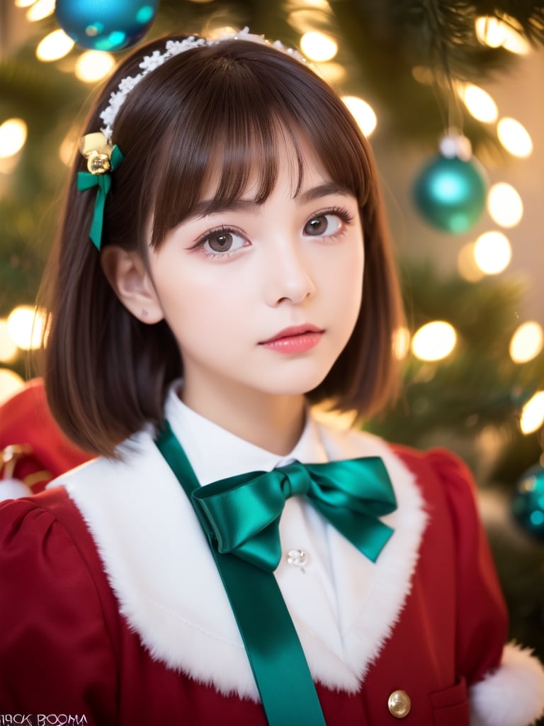 ((Girl 1, 6 years old, Christmas elf)), ((character)), Lori, petite woman, full body, child's body, beautiful and shiny body, bangs, ((dark brown hair: 1.3)), high eyes, (turquoise eyes ), small stature, big eyes, beautiful girl with delicate details, beautiful and delicate eyes, delicate face, beautiful eyes, natural light, ((realism: 1.2 )), dynamic long distance shooting, cinematic lighting, perfect composition, by sumic.mic , highly detailed, official art, masterpiece, (highest quality:1.3), reflection, highly detailed cg unity 8k wallpaper,christmas tree, detailed background, masterpiece, highest quality, (masterpiece), (highest quality:1.4), (ultra high resolution :1.2) , (Hyperrealistic:1.4), (Realistic:1.2), Best Quality, High Quality, High Resolution, Enhanced Detail, ((Very Short Hair:1.4)),
((tareme,moving eyes,big eyes,drooping eyes:1.2)),((random expression)),,random angle,((Santa costume:1.4)),((thick eyebrows:1.1)),perfect,( (cartoon-like visuals)),((Christmas decorations)),perfect light,white fur,facial_mark, neon palette, shaped_highlights, ((bokeh background, blurry background)), night time, night sky, (city lights), Horizontal angle, view away, perfect anatomy, colorful hairpins, many hairpins, Christmas theme