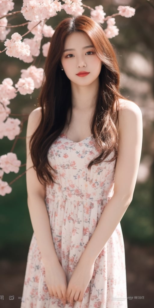 Ultra-high definition, studio lighting, cherry blossoms blowing like rain, and a beautiful woman with long hair. Dress, beautiful body line, better hands