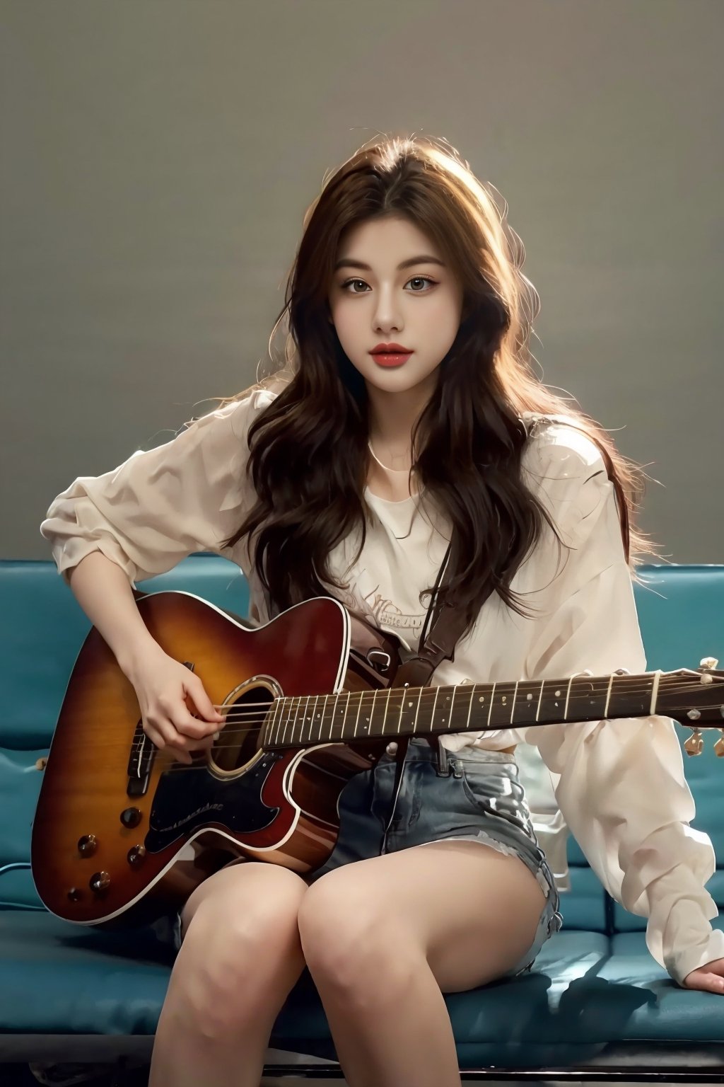 High Definition, 8K Ultra HD, Express a beautiful girl sitting on a bench and playing guitar