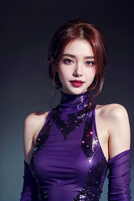 Very detailed illustration of a very beautiful woman with , long red hair with a tight purple sequined dress, bold glamour makeup, bold makeup, turtleneck, fringe with an evil gaze with a smile, realistic, ultra-fine expression, (cell shade: 1.5) (cell shade: 1.5) ((purple dress:1.3))