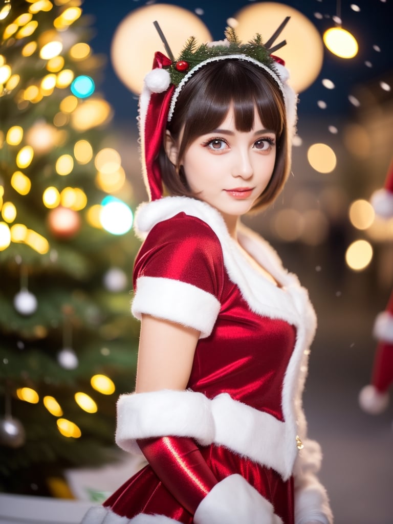 ((female 1, 6 years old, red Christmas costume)), ((portrait)), petite woman, full body, child's body, beautiful and shiny body, bangs, ((dark brown hair: 1.3)), high eyes, (turquoise eyes ), small stature, big eyes, beautiful girl with delicate details, beautiful and delicate eyes, delicate face, beautiful eyes, natural light, ((realism: 1.2 )), dynamic long distance shooting, cinematic lighting, perfect composition, by sumic.mic , highly detailed, official art, masterpiece, (highest quality:1.3), reflection, highly detailed cg unity 8k wallpaper,christmas tree, detailed background, masterpiece, highest quality, (masterpiece), (highest quality:1.4), (ultra high resolution :1.2) , (Hyperrealistic:1.4), (Realistic:1.2), Best Quality, High Quality, High Resolution, Enhanced Detail, ((Very Short Hair:1.4)),
((tareme,moving eyes,big eyes,drooping eyes:1.2)),((random expression)),,random angle,((Santa costume:1.4)),((thick eyebrows:1.1)),perfect,( (cartoon-like visuals)),((Christmas decorations)),perfect light,white fur,facial_mark, neon palette, shaped_highlights, ((bokeh background, blurry background)), night time, night sky, (city lights), Horizontal angle, view away, perfect anatomy, colorful hairpins, many hairpins, Christmas theme