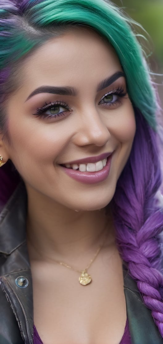 1 Mexican woman in her 20s with bold braided purple and green hair and leather jacket, full body, sexy, powerful, gorgeous eyeshadow, gorgeous makeup, grey eyes, colorful leather jacket, colorful pants, straight long pigtails, beautiful laughter, bursting laughter, epic details 8k, ultra high definition, gold neckless, Canon EOS 5D, 