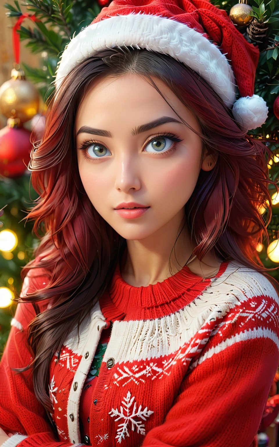 Very detailed illustration of attractive woman with beautiful detailed eyes in red sweater looking at camera against very beautiful christmas tree background, rocker style, art of sunset, MSchiffer,GdClth,ayaka_genshin,santa_dress