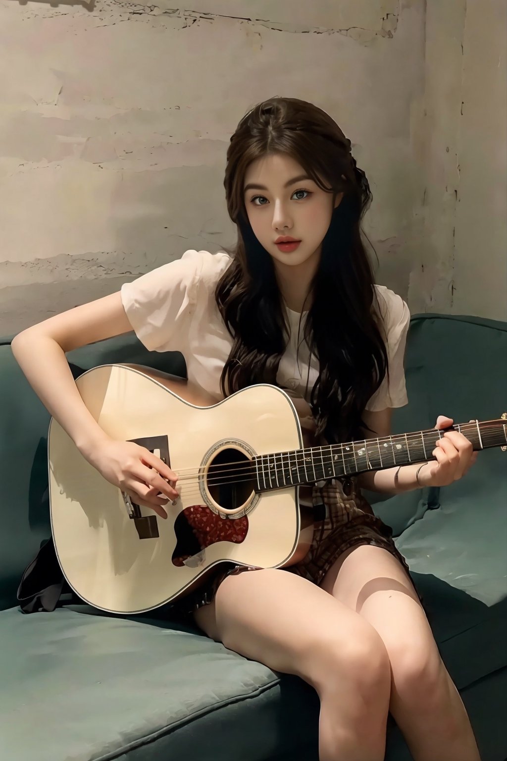 High Definition, 8K Ultra HD, Express a beautiful girl sitting on a bench and playing guitar