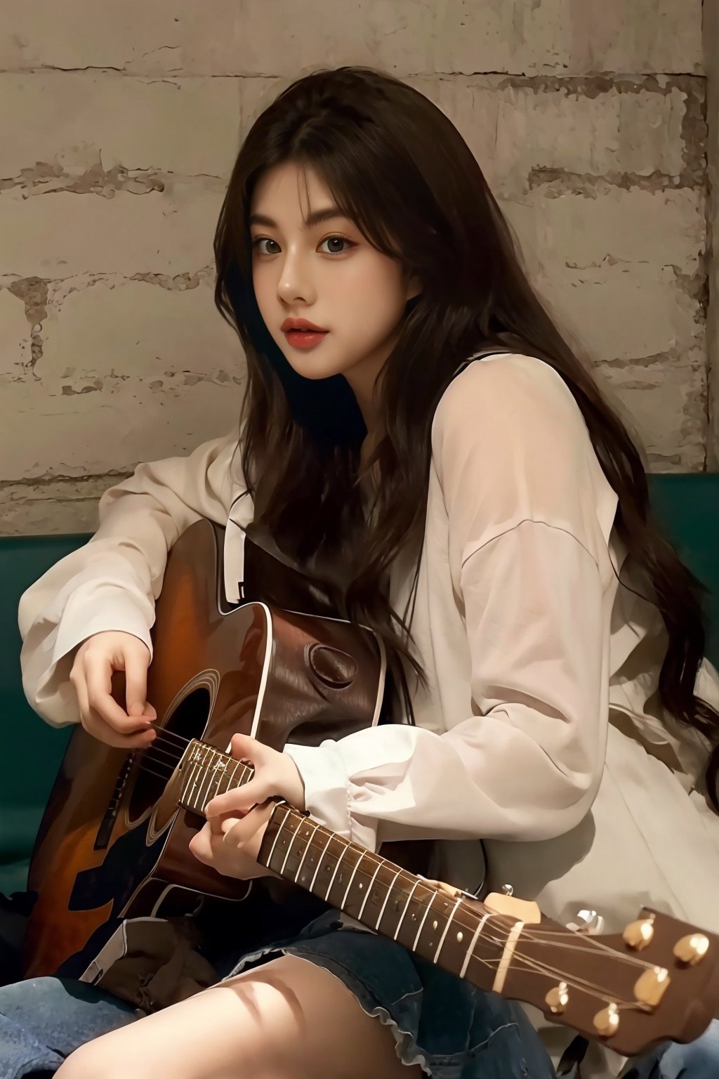 High Definition, 8K Ultra HD, Express a beautiful girl sitting on a bench and playing guitar