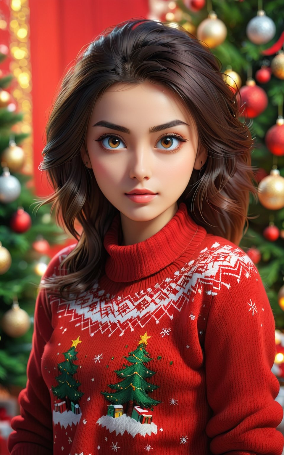 Very detailed illustration of attractive woman with beautiful detailed eyes in red sweater looking at camera against very beautiful christmas tree background, rocker style, art of sunset, MSchiffer,GdClth,ayaka_genshin