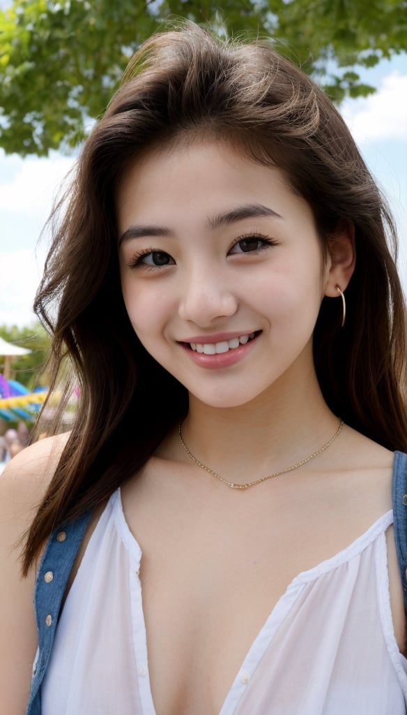 Cute girl, a girl is smiling beautifully at you at an amusement park where the blue sky and sunny weather show the beauty of light. She's a teenage girl and she has such clear skin and beautifully dressed casual clothes.