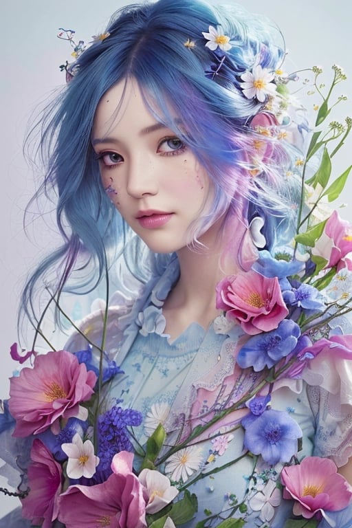 Intricate image of a cute floral girl with flowy flowe-like blue hair, work of beauty and complexity, hyperdetailed facial features, 8k UHD, close-up, alberto seveso style ,EpicArt