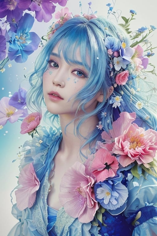 Intricate image of a cute floral girl with flowy flowe-like blue hair, work of beauty and complexity, hyperdetailed facial features, 8k UHD, close-up, alberto seveso style ,EpicArt