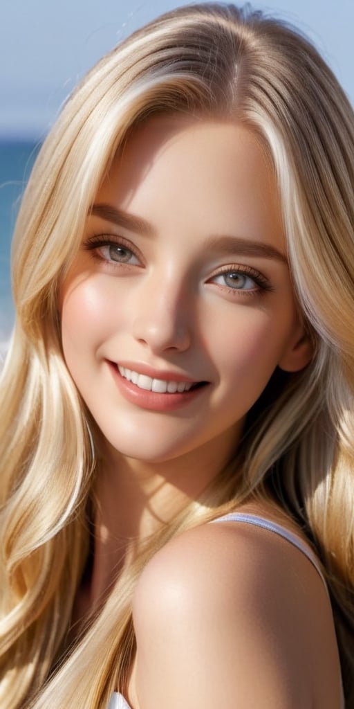 A cute woman with long, flowing blonde hair, grey eyes, glossy lips - her expression is one of joyful contentment as she gazes warmly into the camera, sun is shining, happy,more detail XL,FilmGirl