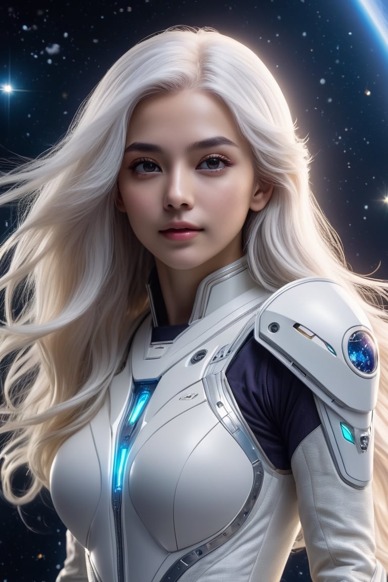 Beautiful daughter of the universe ((flight)), her sparkling eyes, completely white long hair, cinema 4K, cinematic, subtle, magical, universe, full body, high resolution, flying, sad face, no clothes, dynamic flight pose, covered with stars, fantasy spacesuit 