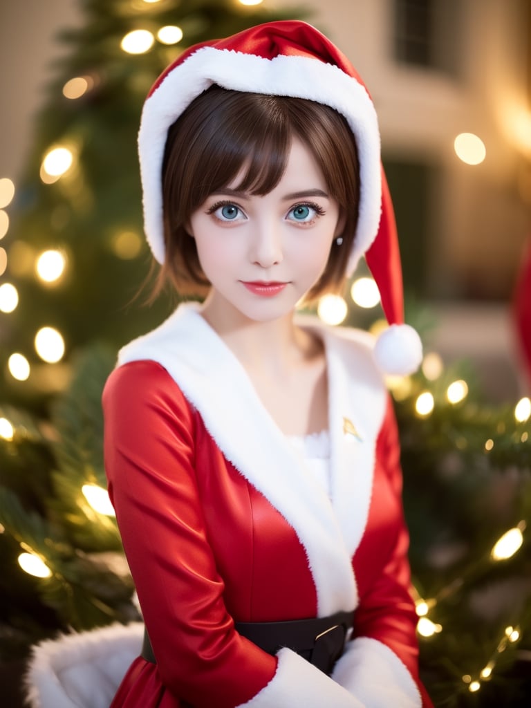 ((female 1, 6 years old, red Christmas costume)), ((portrait)), petite woman, full body, child's body, beautiful and shiny body, bangs, ((dark brown hair: 1.3)), high eyes, (turquoise eyes ), small stature, big eyes, beautiful girl with delicate details, beautiful and delicate eyes, delicate face, beautiful eyes, natural light, ((realism: 1.2 )), dynamic long distance shooting, cinematic lighting, perfect composition, by sumic.mic , highly detailed, official art, masterpiece, (highest quality:1.3), reflection, highly detailed cg unity 8k wallpaper,christmas tree, detailed background, masterpiece, highest quality, (masterpiece), (highest quality:1.4), (ultra high resolution :1.2) , (Hyperrealistic:1.4), (Realistic:1.2), Best Quality, High Quality, High Resolution, Enhanced Detail, ((Very Short Hair:1.4)),
((tareme,moving eyes,big eyes,drooping eyes:1.2)),((random expression)),,random angle,((Santa costume:1.4)),((thick eyebrows:1.1)),perfect,( (cartoon-like visuals)),((Christmas decorations)),perfect light,white fur,facial_mark, neon palette, shaped_highlights, ((bokeh background, blurry background)), night time, night sky, (city lights), Horizontal angle, view away, perfect anatomy, colorful hairpins, many hairpins, Christmas theme