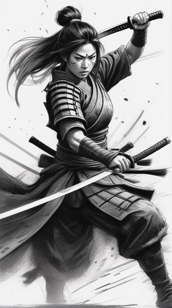  hand drawn, dark, gritty, realistic sketch, Rough sketch, mix of bold dark lines and loose lines, bold lines, on paper, turnaround character sheet, insanely detailed, masterpiece, best quality, 8k, ultra high res, High contrast and low saturation, Add a scene to the illustration where the armored female samurai warrior is about to strike with full force. Capture the moment of her sword slicing through the air, depicting the warrior's determination and skill in combat. Enhance the illustration with elements that convey the tension of the battlefield in the background, creating a vivid and intense combat scene. (Japanese ink painting) techniques. Striving for simplicity yet strength, this artwork aims to express the samurai spirit and the identity of Japan. The contrast between black and white enhances the unique beauty created by the strokes of the ink brush, sharp focus. Better hand, perfect anatomy. by AYMSHANK