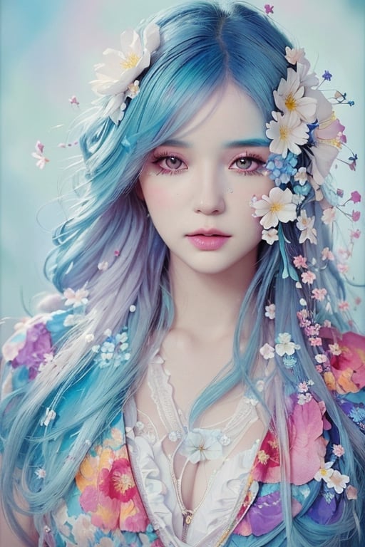 Intricate image of a cute floral girl with flowy flowe-like blue hair, work of beauty and complexity, hyperdetailed facial features, 8k UHD, close-up, alberto seveso style ,EpicArt