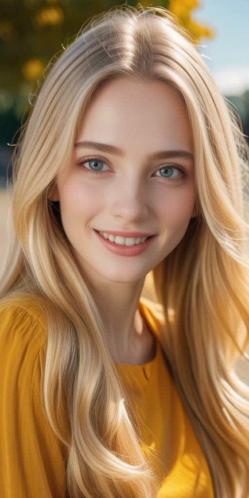 A cute woman with long, flowing blonde hair, grey eyes, glossy lips - her expression is one of joyful contentment as she gazes warmly into the camera, sun is shining, happy,more detail XL,FilmGirl