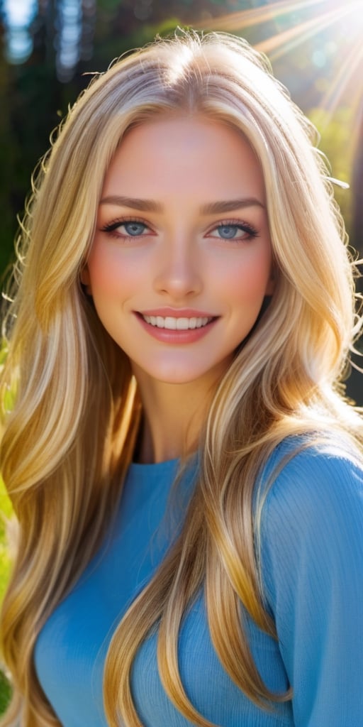 A cute woman with long, flowing blonde hair, grey eyes, glossy lips - her expression is one of joyful contentment as she gazes warmly into the camera, sun is shining, happy,more detail XL,FilmGirl