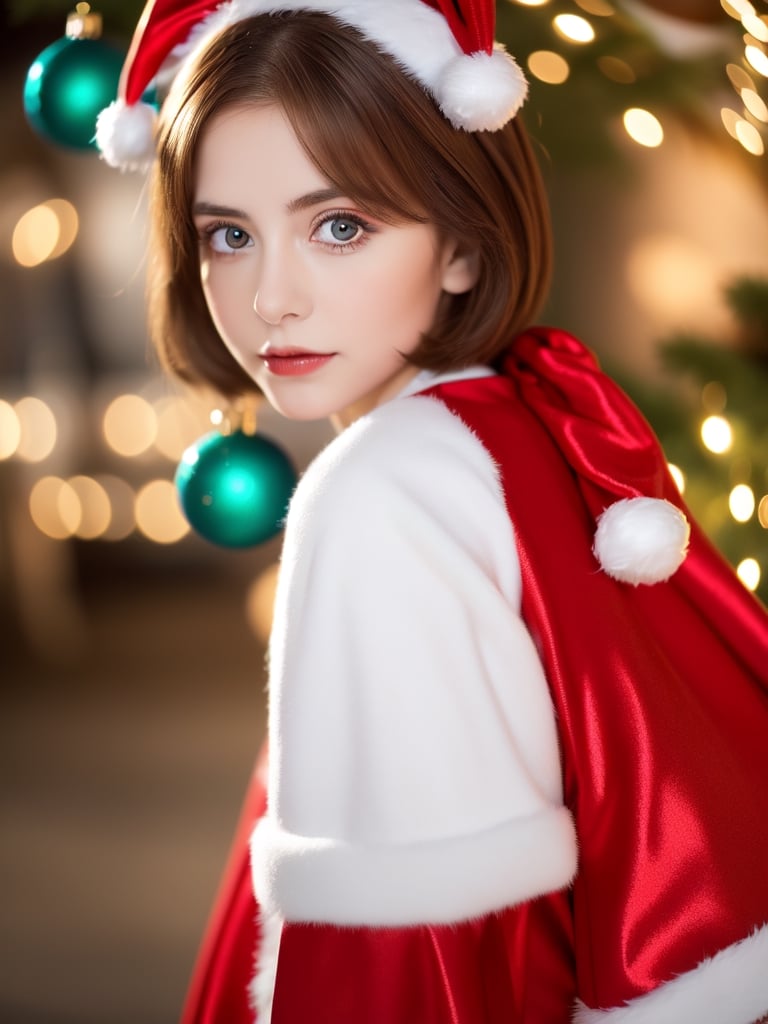 ((female 1, 6 years old, red Christmas costume)), ((portrait)), petite woman, full body, child's body, beautiful and shiny body, bangs, ((dark brown hair: 1.3)), high eyes, (turquoise eyes ), small stature, big eyes, beautiful girl with delicate details, beautiful and delicate eyes, delicate face, beautiful eyes, natural light, ((realism: 1.2 )), dynamic long distance shooting, cinematic lighting, perfect composition, by sumic.mic , highly detailed, official art, masterpiece, (highest quality:1.3), reflection, highly detailed cg unity 8k wallpaper,christmas tree, detailed background, masterpiece, highest quality, (masterpiece), (highest quality:1.4), (ultra high resolution :1.2) , (Hyperrealistic:1.4), (Realistic:1.2), Best Quality, High Quality, High Resolution, Enhanced Detail, ((Very Short Hair:1.4)),
((tareme,moving eyes,big eyes,drooping eyes:1.2)),((random expression)),,random angle,((Santa costume:1.4)),((thick eyebrows:1.1)),perfect,( (cartoon-like visuals)),((Christmas decorations)),perfect light,white fur,facial_mark, neon palette, shaped_highlights, ((bokeh background, blurry background)), night time, night sky, (city lights), Horizontal angle, view away, perfect anatomy, colorful hairpins, many hairpins, Christmas theme