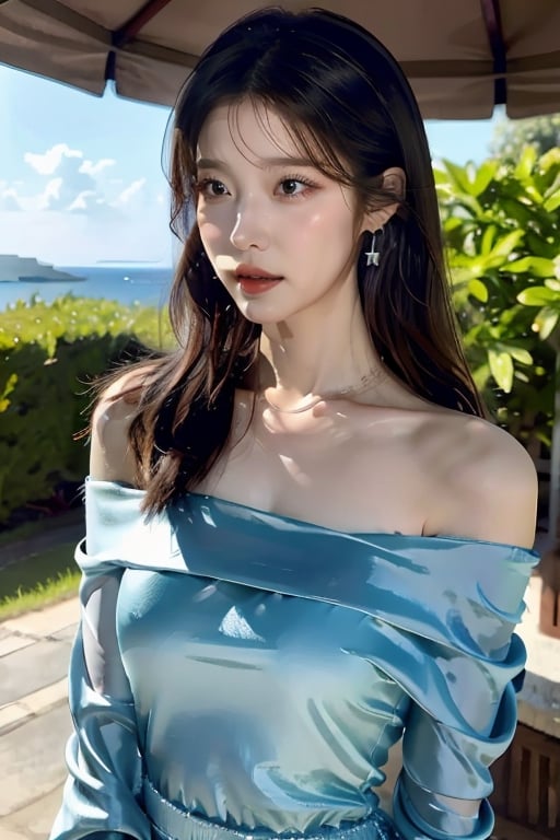 BRAV4 - 아름답고 현실적인 아시아인 브라 - v, Silky flowing hair, Greek dress, luxurious pale blue outfit, aesthetics of the female body, sophisticated, floral elements, detailing, HD, delicate background, seductive, colorful,
