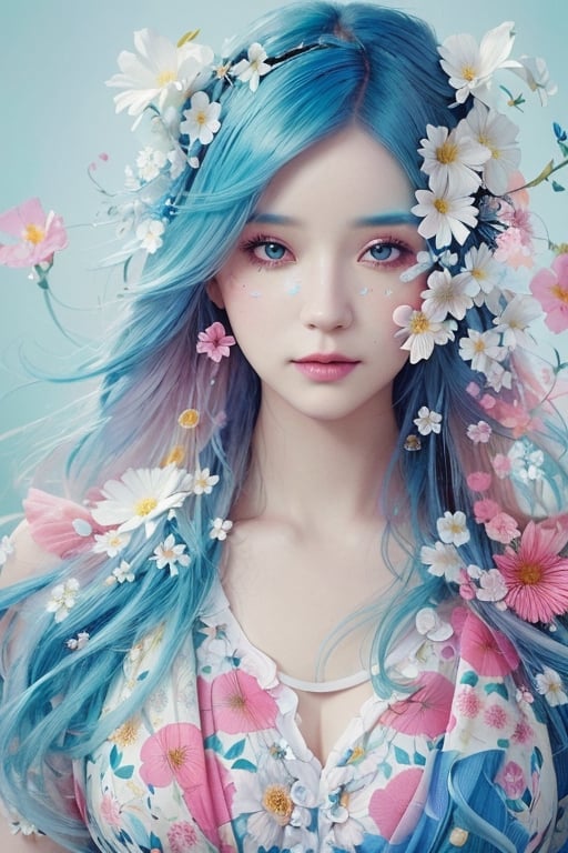 Intricate image of a cute floral girl with flowy flowe-like blue hair, work of beauty and complexity, hyperdetailed facial features, 8k UHD, close-up, alberto seveso style ,EpicArt