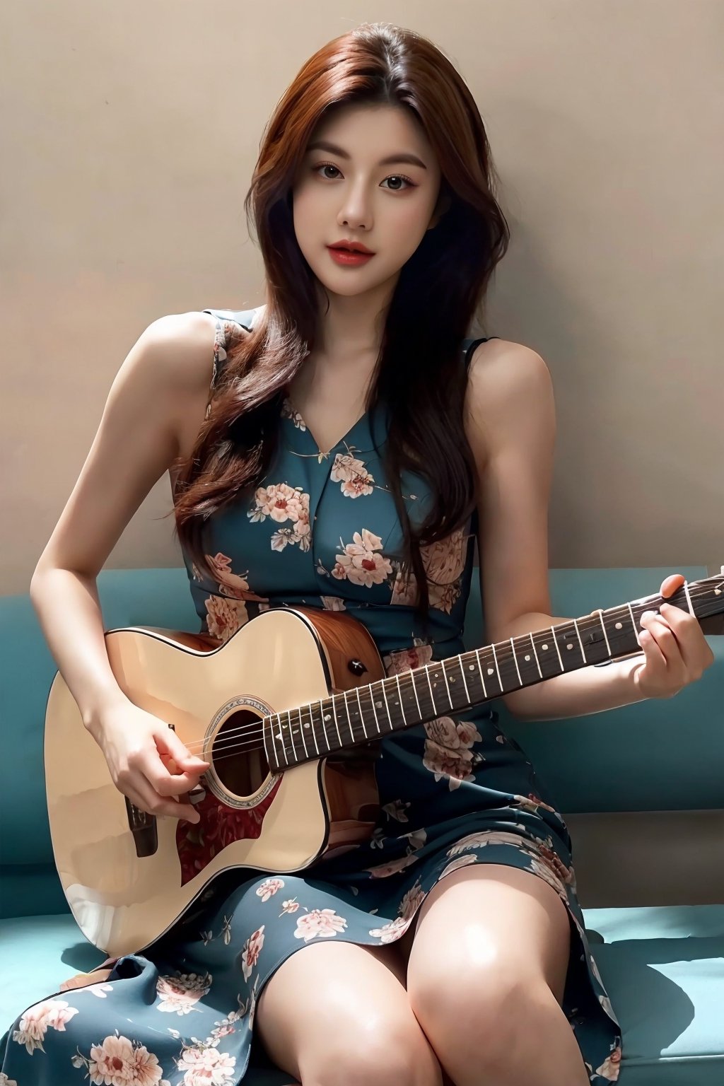High Definition, 8K Ultra HD, Express a beautiful girl sitting on a bench and playing guitar, floral nashi-shaped dress. sexy, 