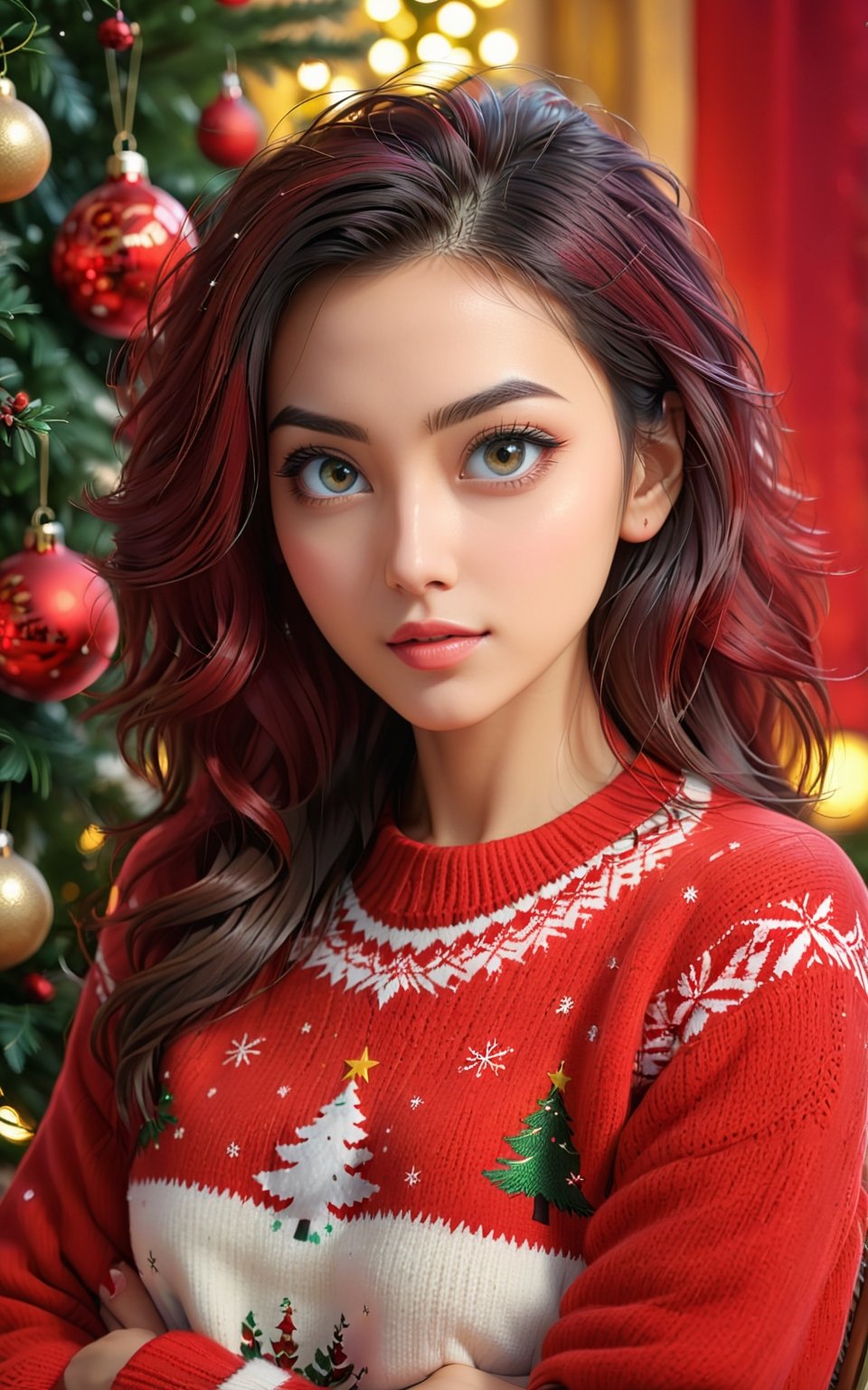 Very detailed illustration of attractive woman with beautiful detailed eyes in red sweater looking at camera against very beautiful christmas tree background, rocker style, art of sunset, MSchiffer,GdClth,ayaka_genshin,santa_dress