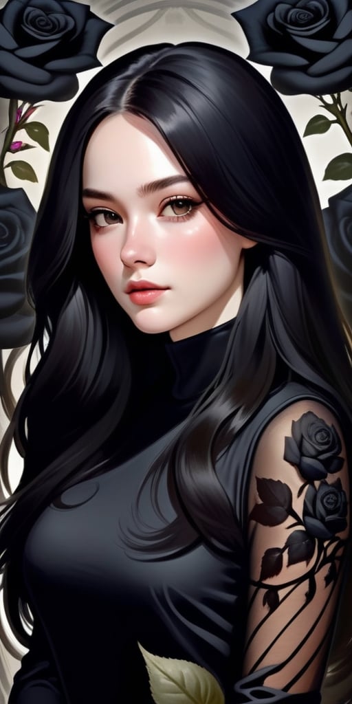 A beautiful young woman with long black hair. She is wearing a long-sleeved high-neck black dress. Black roses surround her. In the background black roses. Extremely detailed, high-quality, hyper-realistic, masterpiece photography.