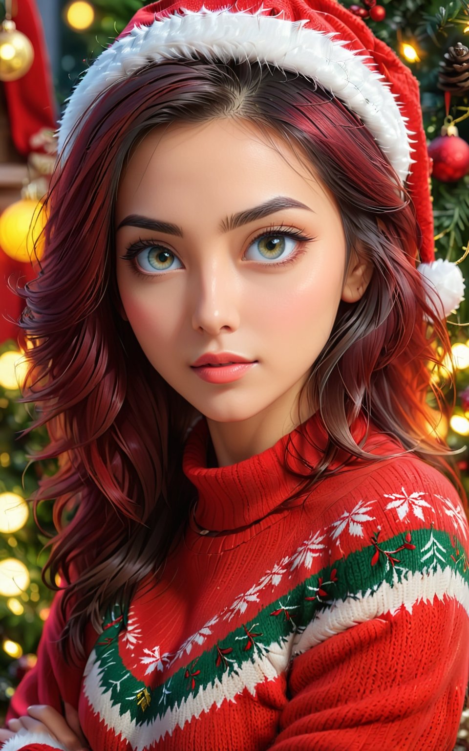 Very detailed illustration of attractive woman with beautiful detailed eyes in red sweater looking at camera against very beautiful christmas tree background, rocker style, art of sunset, MSchiffer,GdClth,ayaka_genshin,santa_dress