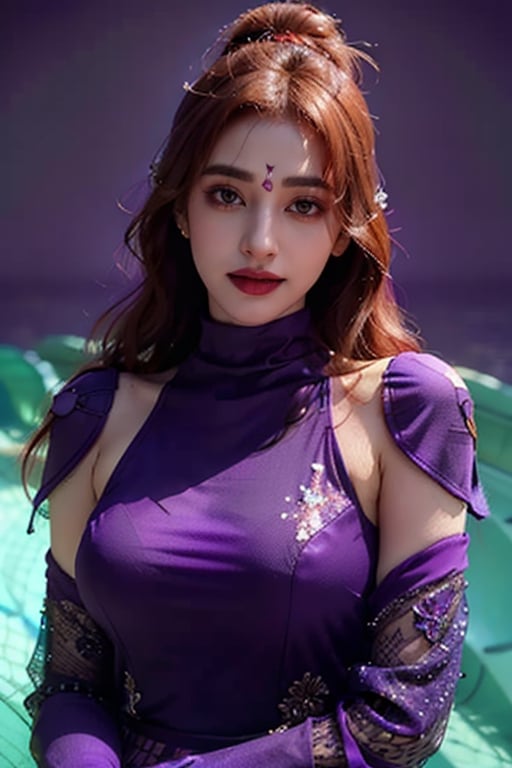 Very detailed illustration of a very beautiful woman with , long red hair with a tight purple sequined dress, bold glamour makeup, bold makeup, turtleneck, fringe with an evil gaze with a smile, realistic, ultra-fine expression, (cell shade: 1.5) (cell shade: 1.5) ((purple dress:1.3)),Makeup,Indian